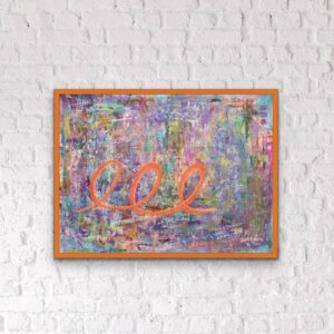 Loops d'Orange abstract painting on white brick wall