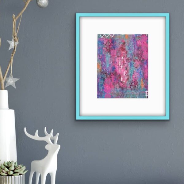 Pink Starlight abstract painting turq frame