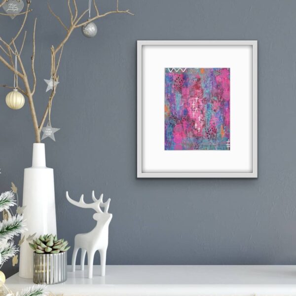 Pink Starlight abstract painting white frame