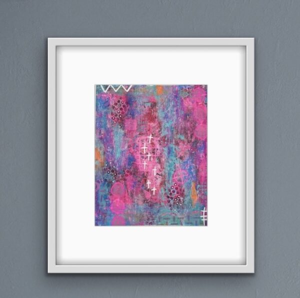 Pink Starlight abstract painting white frame close