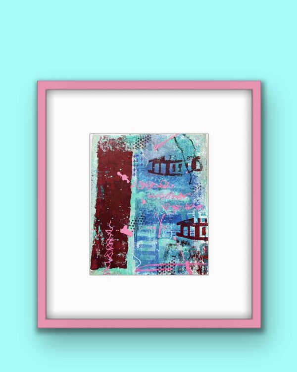 Red Canoes in Blue abstract painting pink frame