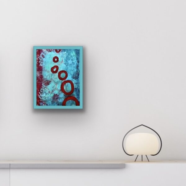 Saturn Sister I abstract painting with turquoise frame