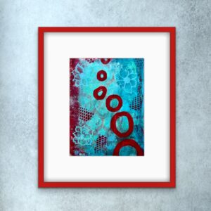 Saturn Sister I abstract painting with red frame