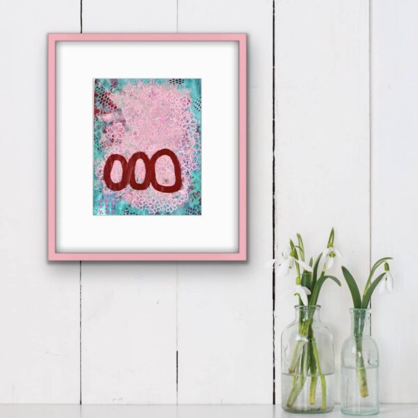 Saturn Sister II abstract painting with pink frame 3