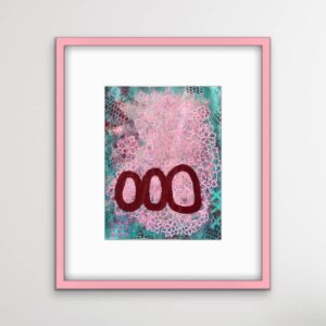 Saturn Sister II abstract painting with pink frame