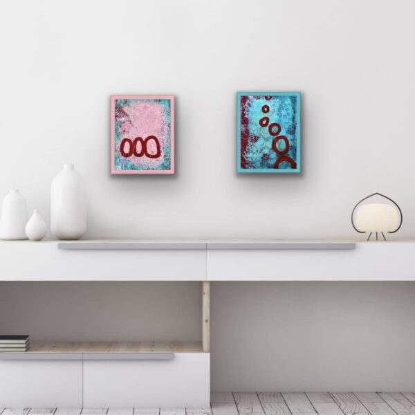 Both Saturn Sisters abstract paintings with white counter